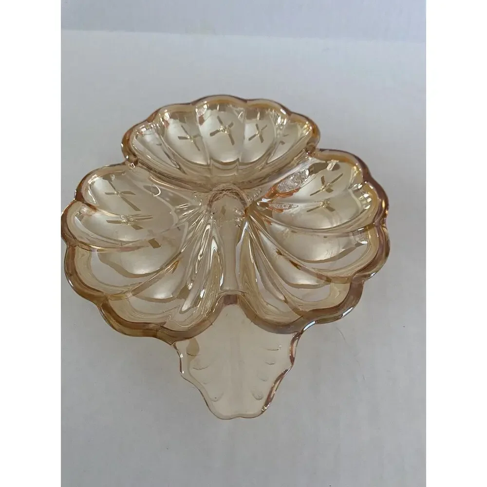 Vintage Jeanette Carnival Glass Marigold Three Leaf Clover‎ Candy Nut Dish Plate